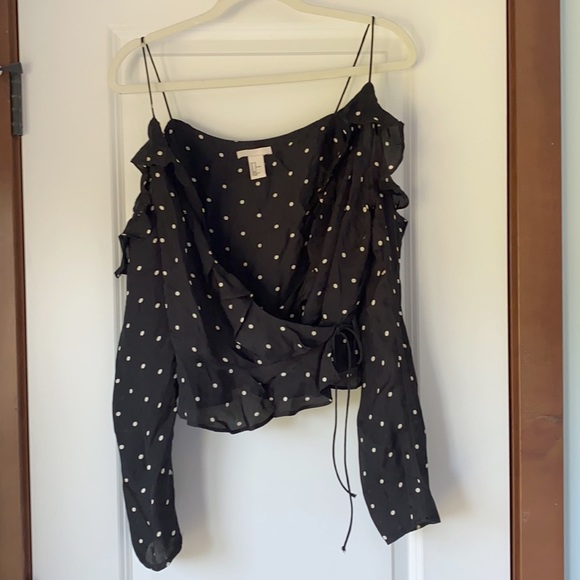 H&M Polka Dot Off The Shoulder Silky Ruffle Blouse/Top. Size US 12. Black/White. - Picture 8 of 11